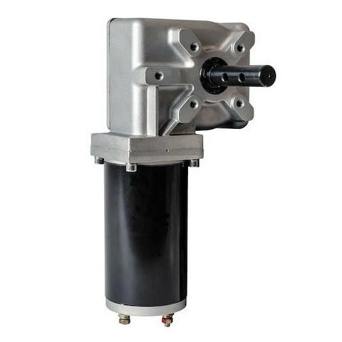 Front view of Buyers Products tarp gear motor with 900W/90:1 gearbox, silver housing, black output shaft