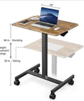 Rock Solid Mobile Standing Desk With Smooth Rollers And Quick Rise Adjustments For Effortless Sit Stand Transitions In Your Home Office Or Man Cave Featuring Classic Rustic Timber Top and dimensions showing height adjustments.