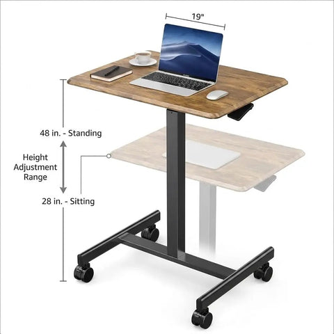 Rock Solid Mobile Standing Desk With Smooth Rollers And Quick Rise Adjustments For Effortless Sit Stand Transitions In Your Home Office Or Man Cave Featuring Classic Rustic Timber Top and dimensions showing height adjustments.