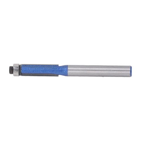 Heavy Duty Flush Trim Router Bit With Carbide Cutter And Top Bearing Guide For Smooth Woodworking Trimming and Chamfering Tasks Using 1/4 Inch Shank Tool, side view showing cutter and shank design.
