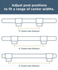 Top Shelf 10 Pack Adjustable Cabinet Handles In Elegant Champagne Bronze Finish showing adjustable post positions for 3, 4, and 5 inch distances.