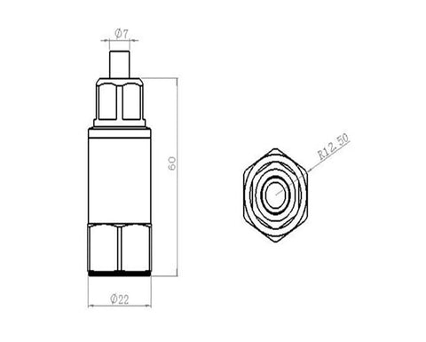 GBY10 piezoelectric intrinsically safe vibration acceleration sensor, front view; Ø22mm body, 60mm length, top Ø7mm