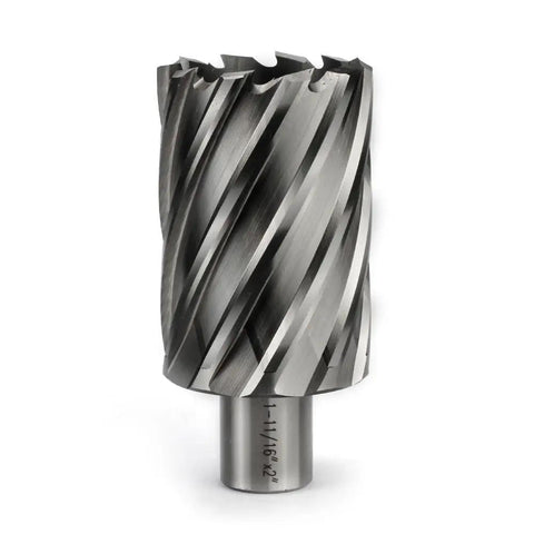 Heavy Duty High Speed Steel Annular Cutter With Beefed Up Weldon Shank 1 11/16 Inch Cut Diameter And Two Inch Slot Depth for precise metal drilling.