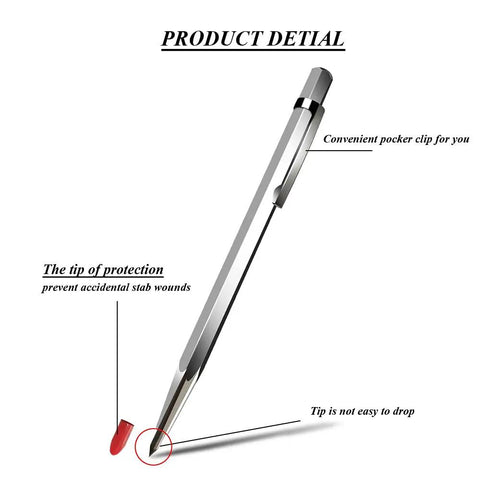 Heavy Duty Tungsten Scriber Marker Pen For Glass Metal Stainless Steel Ceramic Engraving Tool Straight Up Tough Built For Crisp Precision Marks Silver Tone with protective tip and pocket clip.