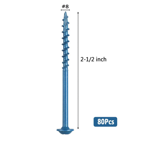 Close-up of Pocket Hole Screws 2-1/2 Inch, 80 Pcs, No 8 Blue Coated Wood Screws, showing length and coating.