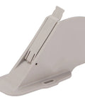 Side angle of industrial sewing machine cover with durable plastic guard shell protective shield for garment factories.