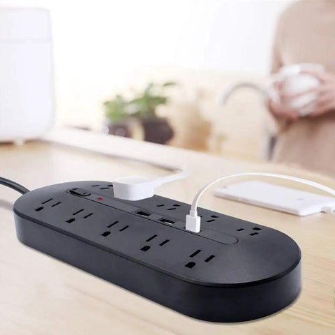 10 Outlet Power Strip With USB Ports And 1700J Surge Protector For Dorms And Offices on desk with USB cable connected
