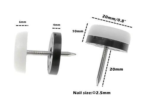 Side and close-up view of 20mm 0.8in white nail-in nylon furniture glides, 40 Pack Nail In Nylon Furniture Glides For Chairs And Tables Thickened Sliders Floor Protectors Anti Slip Noise Reducing Floor Safe For Wooden Furniture Legs 20mm 0.8in White, with measurements