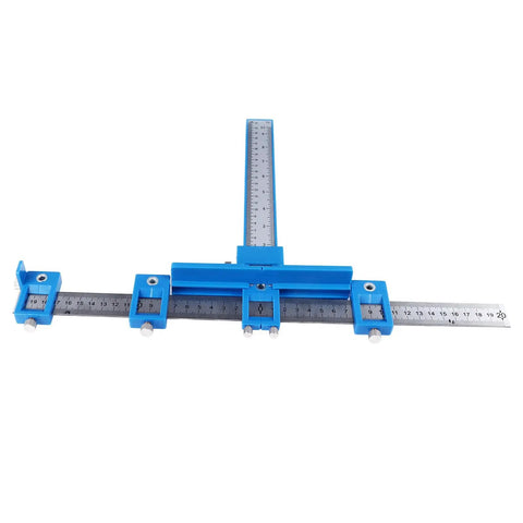 Precision Aluminum Punch Locator Drill Guide Jig For Pro Level Cabinetry And Carpentry with ruler measurement in blue.