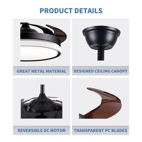 Close-up details of the Retractable Ceiling Fan With Lights Remote Control, Fandelier Flush Mount 42 Inch Bladeless Ceiling Fan