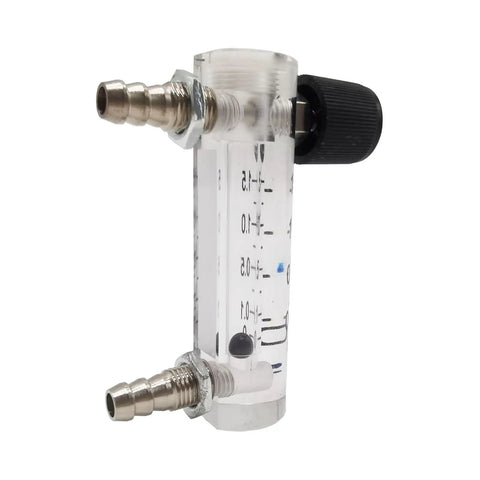 Oxygen Flow Meter 0.1-1.5 LPM For Fluid Filtration System With Acrylic Body Dope Design Easy Setup Control Valve Regulator Compatible 0.314 Inch Barbs For Quick Tube Connection Unidirectional Air Flow Durable Lab Grade, acrylic flow meter with brass barbs and black control knob