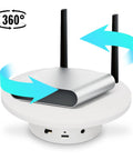 Motorized Rotating Display Stand 5.1 Inch 360 Photography Turntable For Tumbler Jewelry with sleek silver top and antennas.