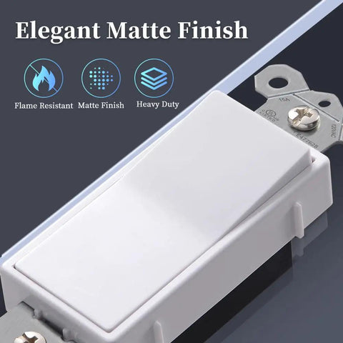 Close-up of Single Pole Decorator Light Switch 15A 120V 277V Paddle Rocker On Off Wall Switch Residential Grade White