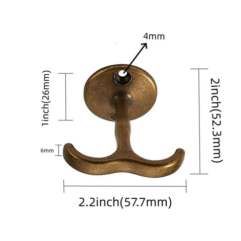 Antique Brass Zinc Mounted Ceiling Hook with measurements: 2.2 in x 2 in. Part of 4 Pack Heavy Duty Coat Towel Robe Hangers.