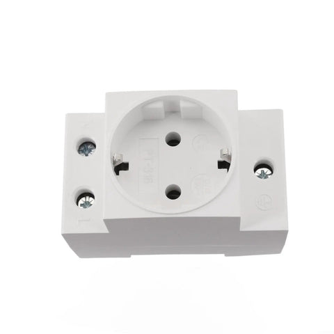 Rock Solid DIN Rail AC Socket Featuring Flame Retardant Nylon Housing And Built In Safety Shield For Steady Industrial Power Panels top view of socket, white nylon material, designed for industrial use.