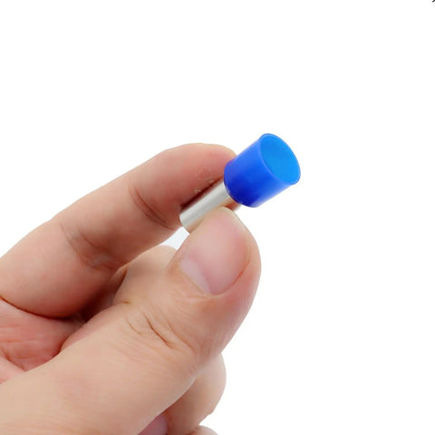 Close-up of blue 20 Pcs AWG4 25mm2 Copper Wire Ferrules Crimp Connectors VE25-16 Insulated Cord End Terminals Kit in hand