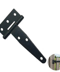 Six Pack Of Four Inch Heavy Duty T Hinges Galvanized Outdoor Gate And Barn Door Hardware With Smooth Spin Pin And Countersunk Screw Holes Built Tough For Fences Sheds And Backyard Projects close-up view of a black t hinge