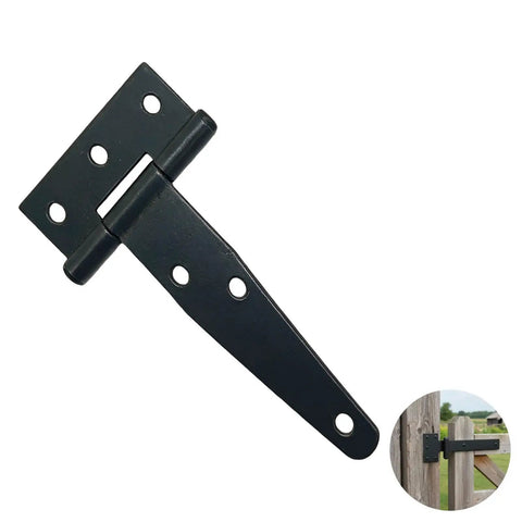 Six Pack Of Four Inch Heavy Duty T Hinges Galvanized Outdoor Gate And Barn Door Hardware With Smooth Spin Pin And Countersunk Screw Holes Built Tough For Fences Sheds And Backyard Projects close-up view of a black t hinge