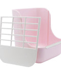 Super Cool Pink Two In One Rabbit Hay Feeder With Automatic Guinea Pig Food Bowl And Quick Release Grass Rack, includes pink holder and white rack.