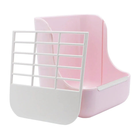 Super Cool Pink Two In One Rabbit Hay Feeder With Automatic Guinea Pig Food Bowl And Quick Release Grass Rack, includes pink holder and white rack.