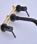 Brass Matte Black Dual Handle Wall Mounted Bathroom Faucet With Rough In Valve No Frills Install, 360 Degree Rotating Spout, 208mm Reach