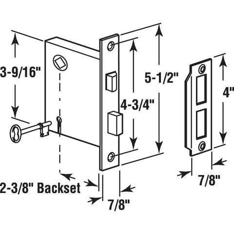 Diagram showing dimensions of Old Timey Vintage Style Indoor Mortise Lock Assembly Kit With Cast Steel Brass Plated Finish Antique Skeleton Key Backset 1/4 Inch Square Spindle Reversible Latch Bolt Single Pack For Classic Doors.