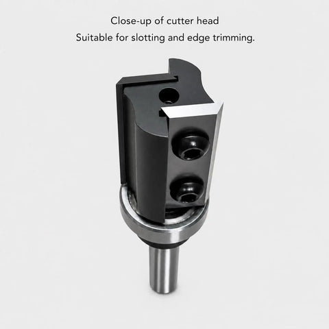 Close-up of Heavy Duty Flush Trim Router Bit With Quarter Inch Shank And Five Eighths Inch Cut Diameter featuring dual reversible carbide inserts.