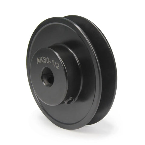 Beefy AK30 3.0 Inch OD single groove web sheave cast iron V belt pulley with 0.5 inch bore, angled view