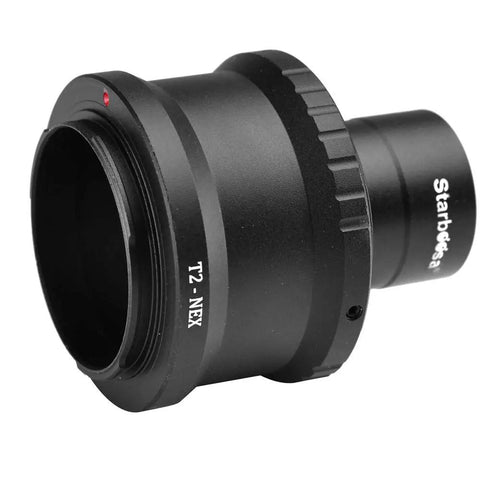 T2 Ring and M42 To 1.25 Inch Telescope T Adapter For Sony NEX Cameras, black aluminum, manual focus, side view