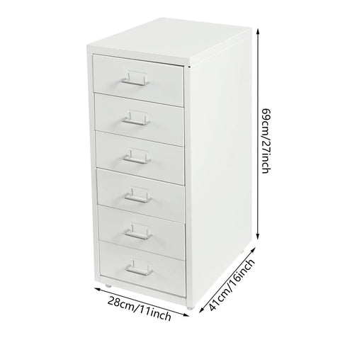 Heavy Duty Six Drawer Metal File Cabinet With Smooth Ball Bearings Slick White Rolling Filing Cabinet For Home Office, dimensions 69cm height, 28cm width.