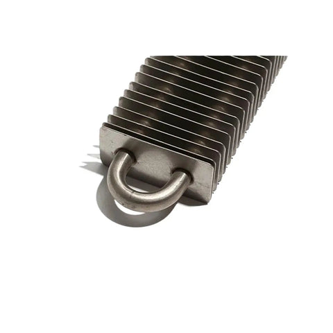 Industrial Square Fin Heater For Air Systems And Ovens Featuring A Heavy Stainless Steel Heat Plate close-up with M16 thread mount.