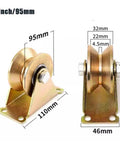 Heavy Duty V Track Gate Roller Wheels With Mounting Bracket For Sliding Gates And Industrial Tracks Four Inch Steel Caster Pair side view with measurements