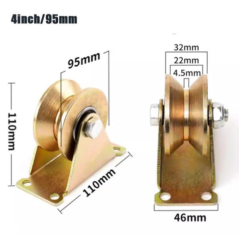 Heavy Duty V Track Gate Roller Wheels With Mounting Bracket For Sliding Gates And Industrial Tracks Four Inch Steel Caster Pair side view with measurements