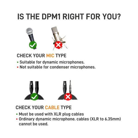 Instructional image showing mic and cable requirements for Dynamic Microphone Preamp With 29dB Gain And Ultra Low Noise XLR Boost.