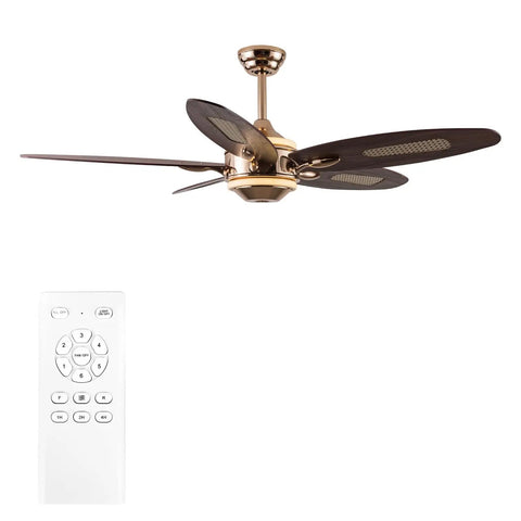 52" Plywood Modern Ceiling Fan with Light and Remote for Living Room Golden, showing fan blades and remote control.