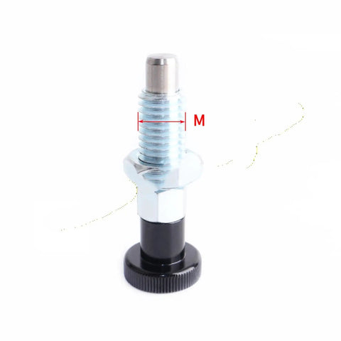 Heavy Duty Stainless Steel Indexing Pins And Self Locking Plungers With Coarse Thread Nuts In M6 M8 M10 M12 Sizes Plus Black Knobs, M10 size shown
