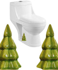 Set Of Two Green Christmas Tree Toilet Bolt Covers That Snaps Right On In Seconds And Brings Hella Cute Holiday Bathroom Decor To Any Home While Keeping Ugly Bolts Straight Outta Sight All Season Long. Ceramic caps beside toilet.