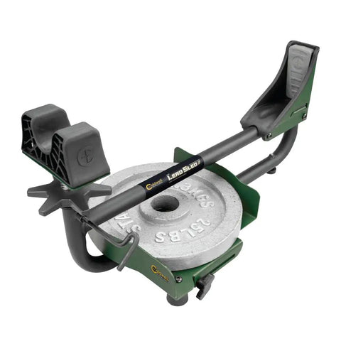 Ambidextrous Recoil Reducing Rifle Shooting Rest with Elevation Adjustments for Range and Sighting In, steel frame, weights visible.