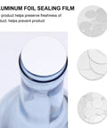 Aluminum Foil Sealing Gasket For Silver Plastic Metal Bottles, Non Toxic Tasteless Liner Keeps Dust Out Fresh And Sealed. Circular foil seal on a bottle.
