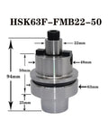 Premium Stainless Steel CNC Collet Adapter HSK63F FMB22 With Shock Absorbing Housing, 94mm tall, 63mm diameter.