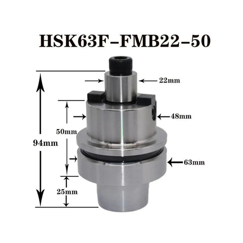 Premium Stainless Steel CNC Collet Adapter HSK63F FMB22 With Shock Absorbing Housing, 94mm tall, 63mm diameter.