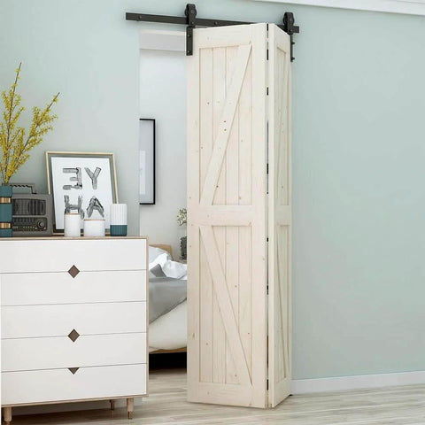 Bi Folding Sliding Barn Door Hardware Kit For Double 16 Inch Bifold Doors, Heavy Duty Wall Mount Rollers, 34 Inch Track, installed view