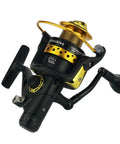 Black and gold Saltwater Spinning Reel With Carry Bag For Travel Anti Corrosion Coating Heavy Duty 9Kg Drag displayed on white background