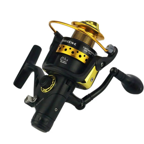 Black and gold Saltwater Spinning Reel With Carry Bag For Travel Anti Corrosion Coating Heavy Duty 9Kg Drag displayed on white background