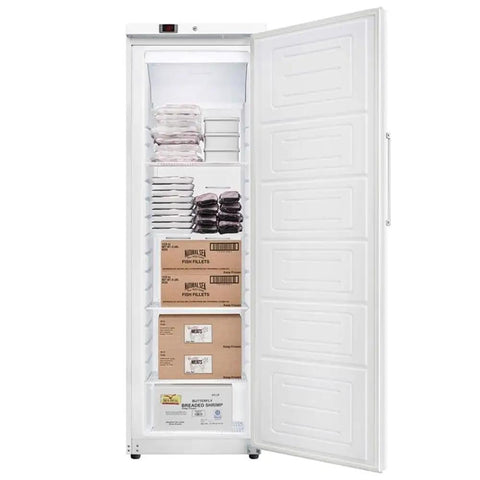 No Hassle Commercial Upright Freezer With Automated Defrost And Sleek Digital Panel For Restaurants, interior full of frozen items.