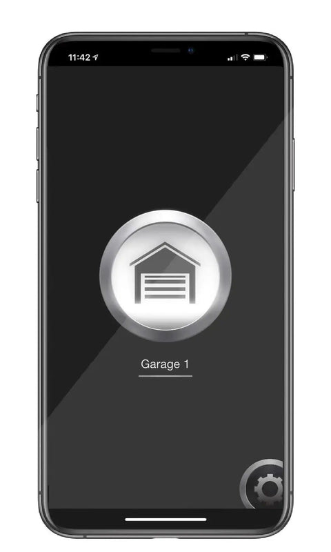 Smart Garage Opener Controller For iPhone Android And Apple Watch With No Fuss Setup And Secure Bluetooth 4.0 Access Lets You Open Your Garage Right From Your Phone Or Smartwatch Works With Most Garage Door Openers app interface showing garage control on smartphone screen.