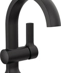 Modern Matte Black Single Hole Bathroom Faucet For Vanity Sink With Optional Deck Plate And Metal Push Pop Drain, close-up view.