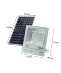 Rugged 120W Solar Flood Light Featuring 194 Killer Bright LED Chips IP66 Rated with dimensions, solar panel, and spotlight.