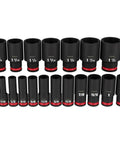 Must Have 19Pc Deep Impact Socket Set With 6 Point SAE Sizes For Milwaukee Driver Tool, Perfect Heavy Duty Kit For Tough Bolt Jobs And High Torque Automotive Repair Work Guaranteed To Get The Job Done Without Fitting Problems. Black deep impact SAE socket set, 3/8 to 1 1/2 inch, 6-point steel sockets