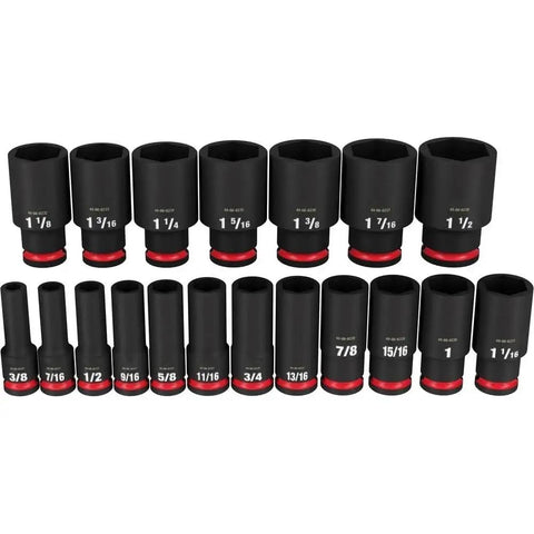 Must Have 19Pc Deep Impact Socket Set With 6 Point SAE Sizes For Milwaukee Driver Tool, Perfect Heavy Duty Kit For Tough Bolt Jobs And High Torque Automotive Repair Work Guaranteed To Get The Job Done Without Fitting Problems. Black deep impact SAE socket set, 3/8 to 1 1/2 inch, 6-point steel sockets